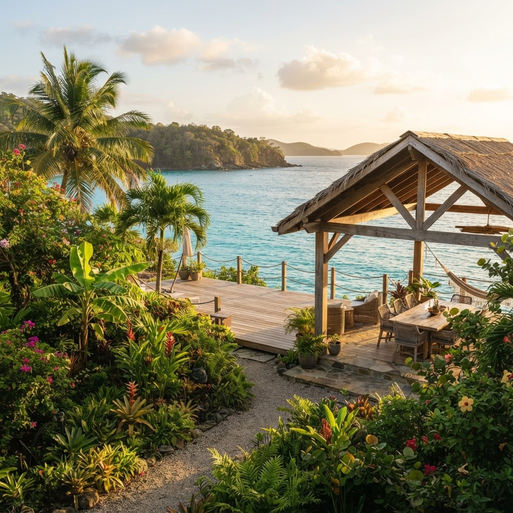 A lush regenerative garden and open-air pavilion on a tropical island overlooking the sea