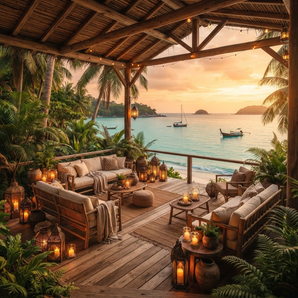 An open-air lounge deck overlooking a turquoise bay on a tropical island at golden hour