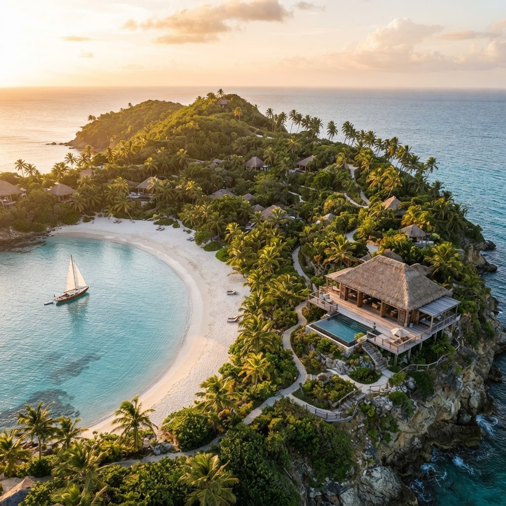 Aerial view of a turquoise lagoon and a cliffside teak villa on Necker Island at golden hour
